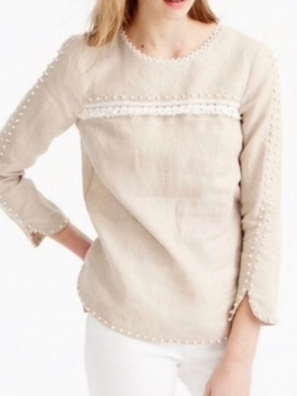 J.crew NWT White Top Linen Embroidered Fringe Crochet Trim Notched Sides Relaxed